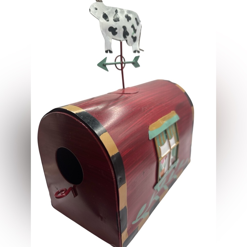 Hand-Painted Red Farmhouse tabletop Mailbox Birdhouse with Cow Weathervane